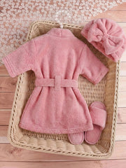 3pcs Baby Girls Fleece Spa Robe, Headband & Slippers Set - Dusty Ro...
