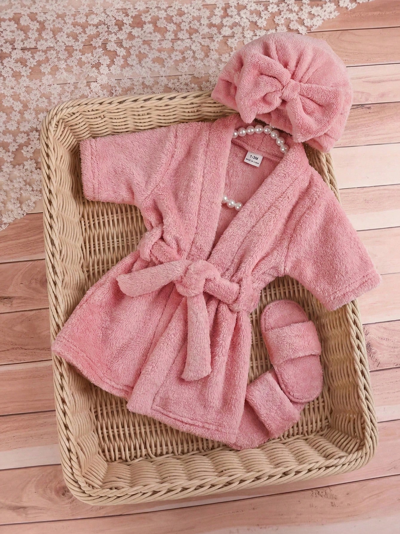 3pcs Baby Girls Fleece Spa Robe, Headband & Slippers Set - Dusty Ro...