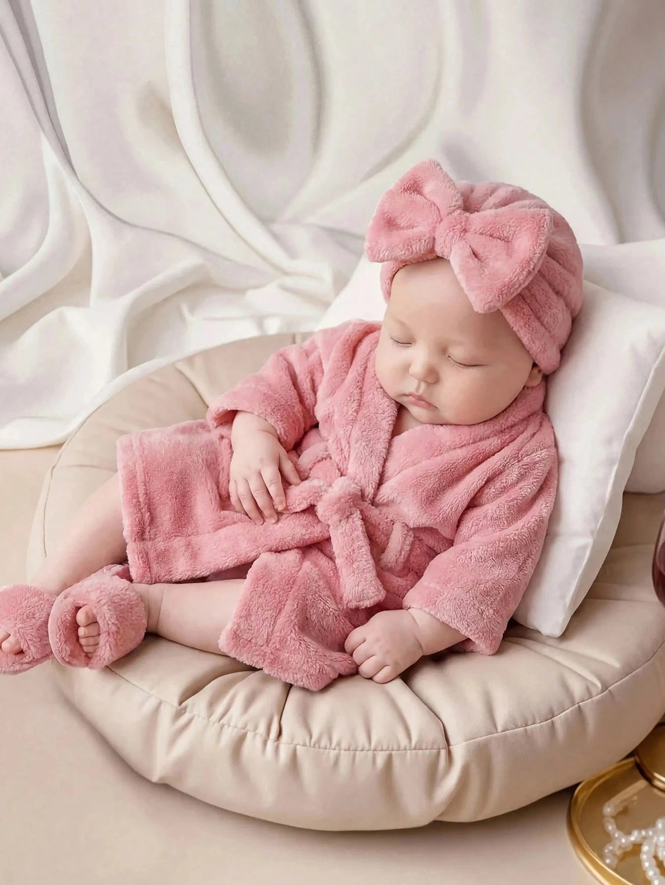 3pcs Baby Girls Fleece Spa Robe, Headband & Slippers Set - Dusty Ro...