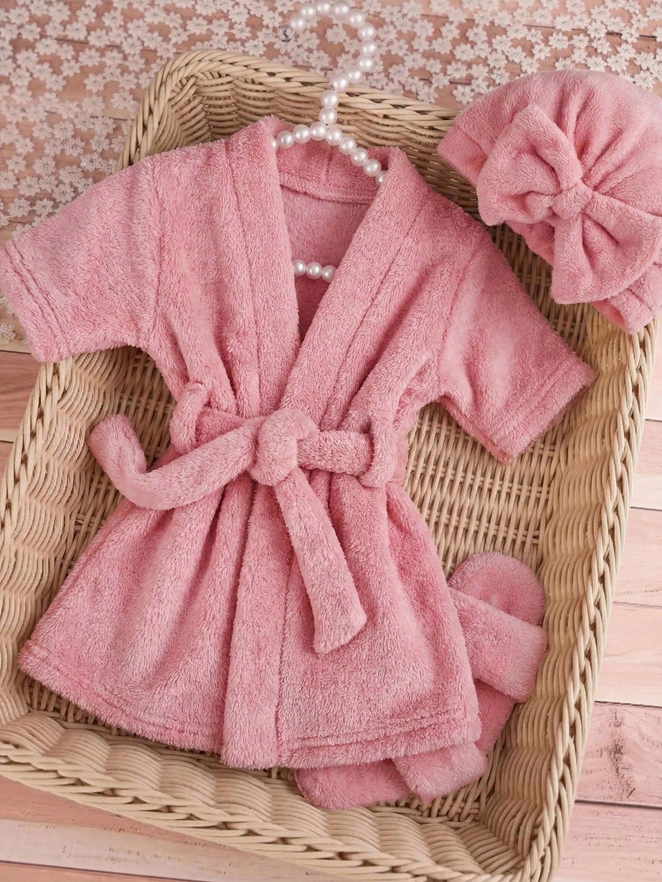 3pcs Baby Girls Fleece Spa Robe, Headband & Slippers Set - Dusty Ro...