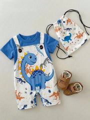 Boys Dinosaur Print Faux-Overall Short Romper - Cobalt | 21 Century...