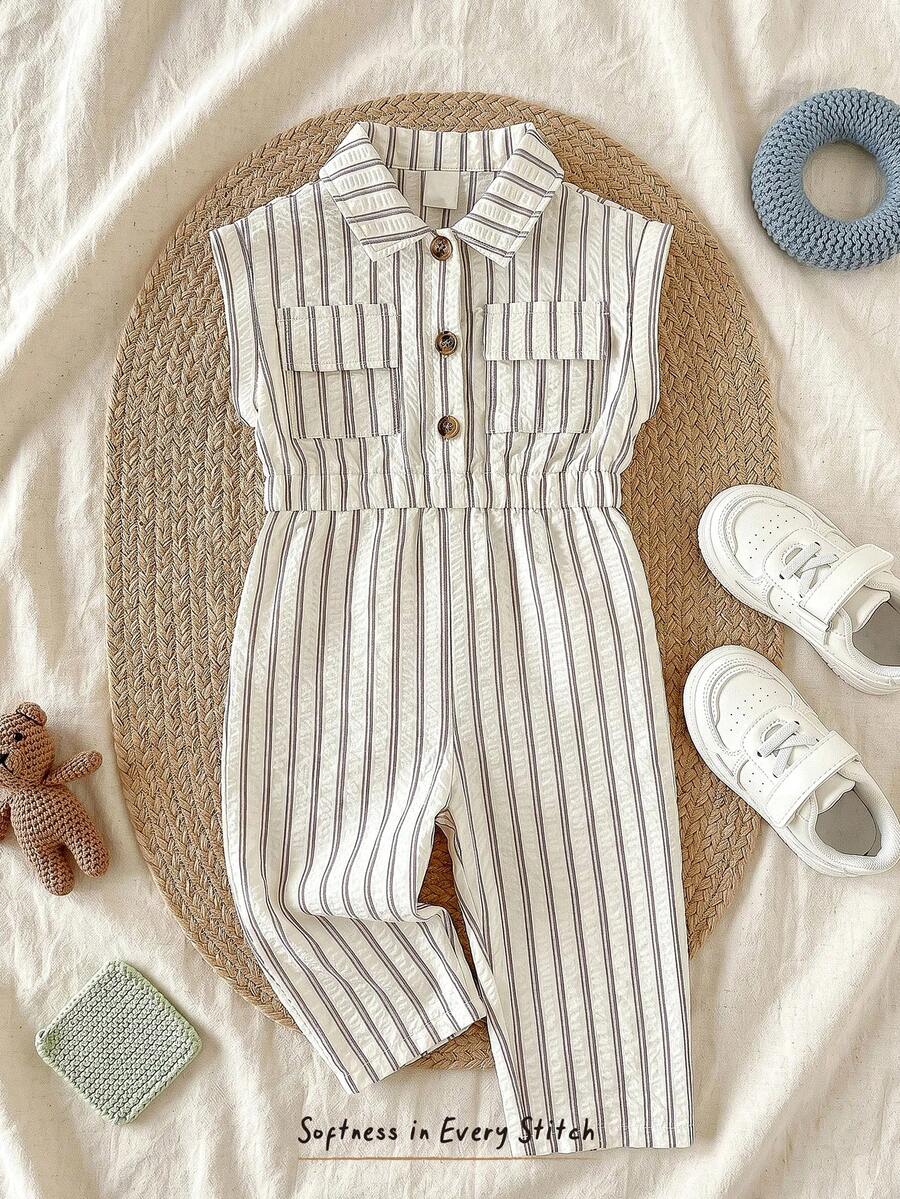 Girls Seersucker Stripe Collared Sleeveless Jumpsuit - Ecru | 21 Ce...