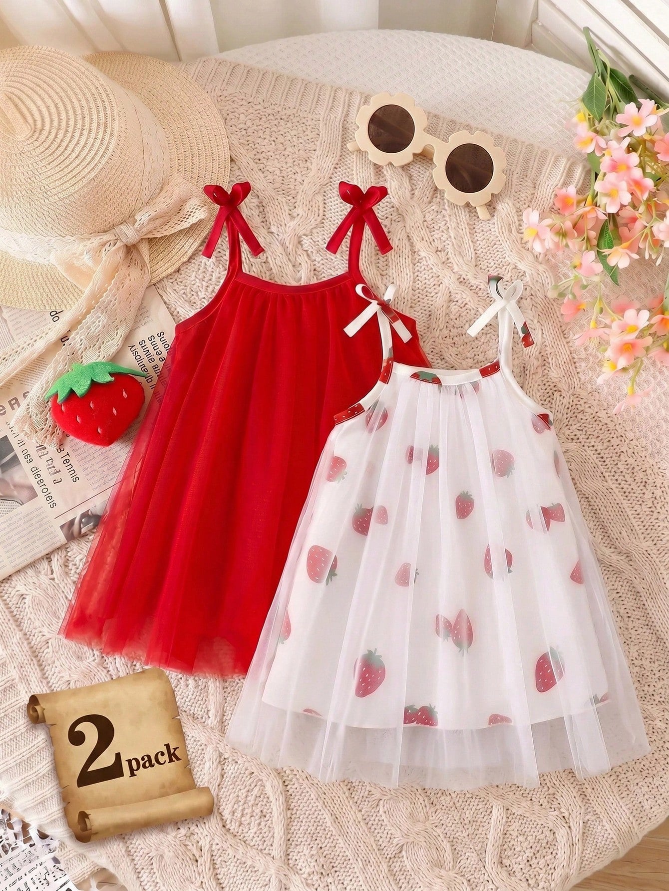 2pcs Girls Strawberry Print Tulle & Bow Strap Sundress Set - Scarle...