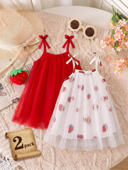 2pcs Girls Strawberry Print Tulle & Bow Strap Sundress Set - Scarle...