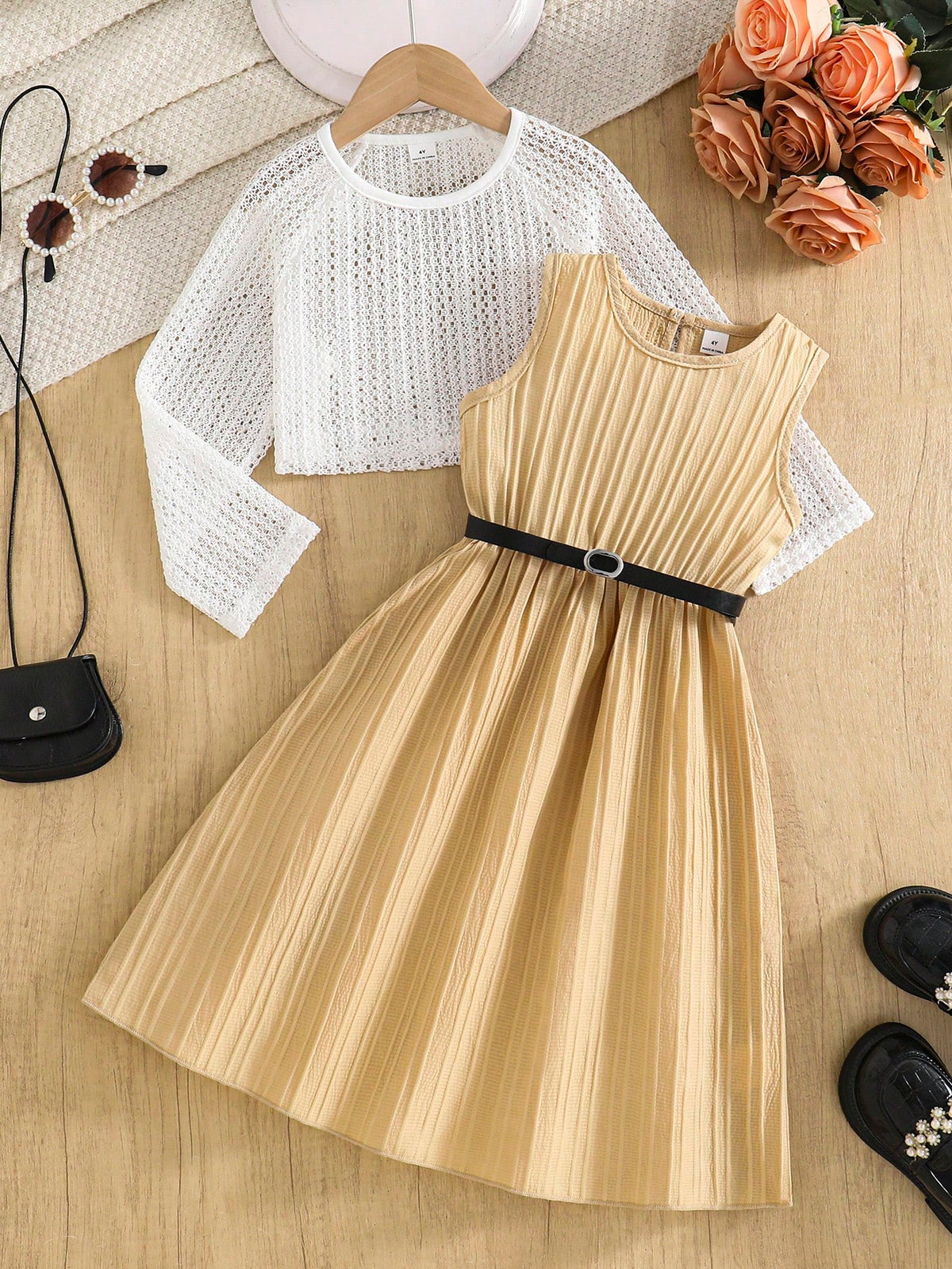 2pcs Little Girls Crochet Top & Belted Dress Set - Buff | 21 Centur...