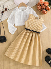 2pcs Little Girls Crochet Top & Belted Dress Set - Buff | 21 Centur...