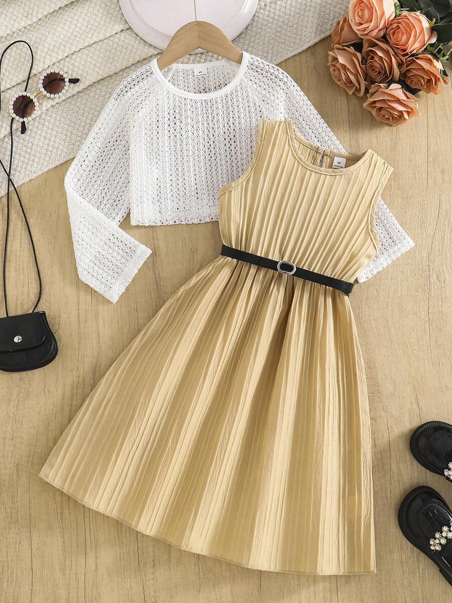 2pcs Little Girls Crochet Top & Belted Dress Set - Buff | 21 Centur...