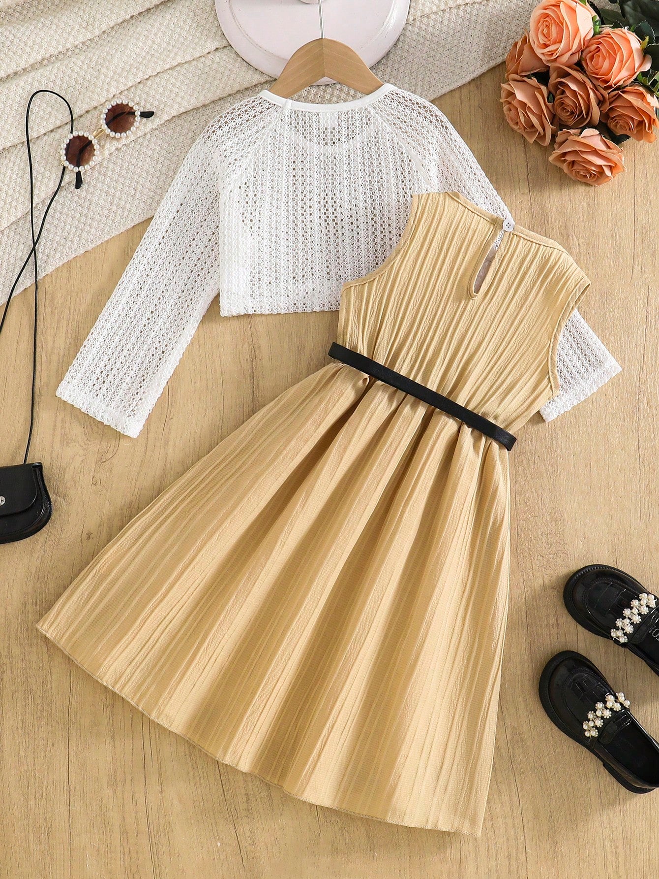 2pcs Little Girls Crochet Top & Belted Dress Set - Buff | 21 Centur...