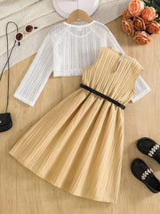 2pcs Little Girls Crochet Top & Belted Dress Set - Buff | 21 Centur...