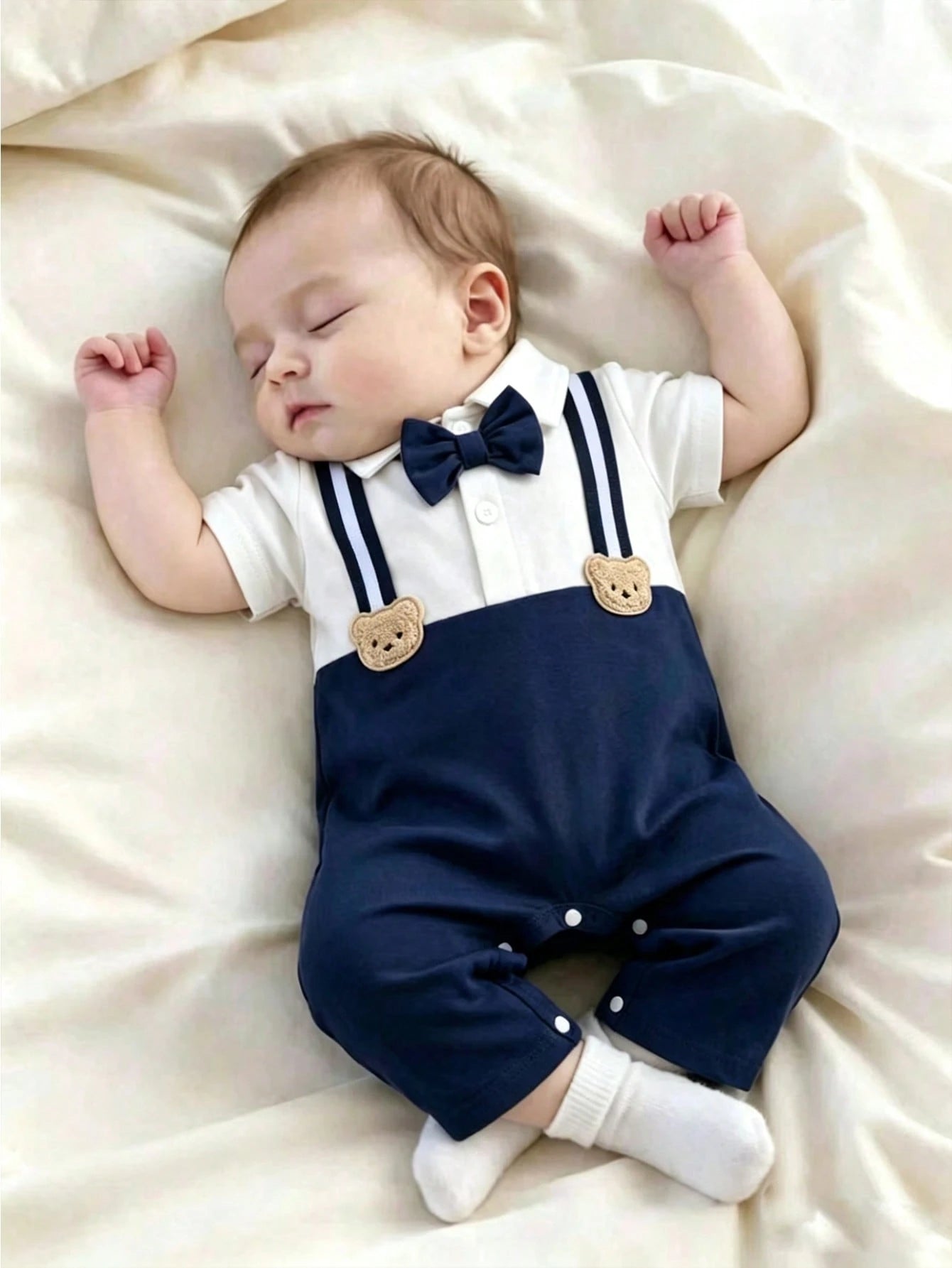 Baby Boys Bow Tie Suspender Romper - Midnight | 21 Century Kids