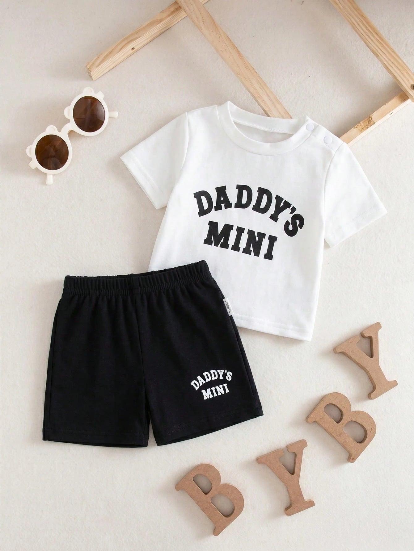2pcs Baby Boys Daddy's Mini Tee & Shorts Set - Ivory | 21 Century Kids