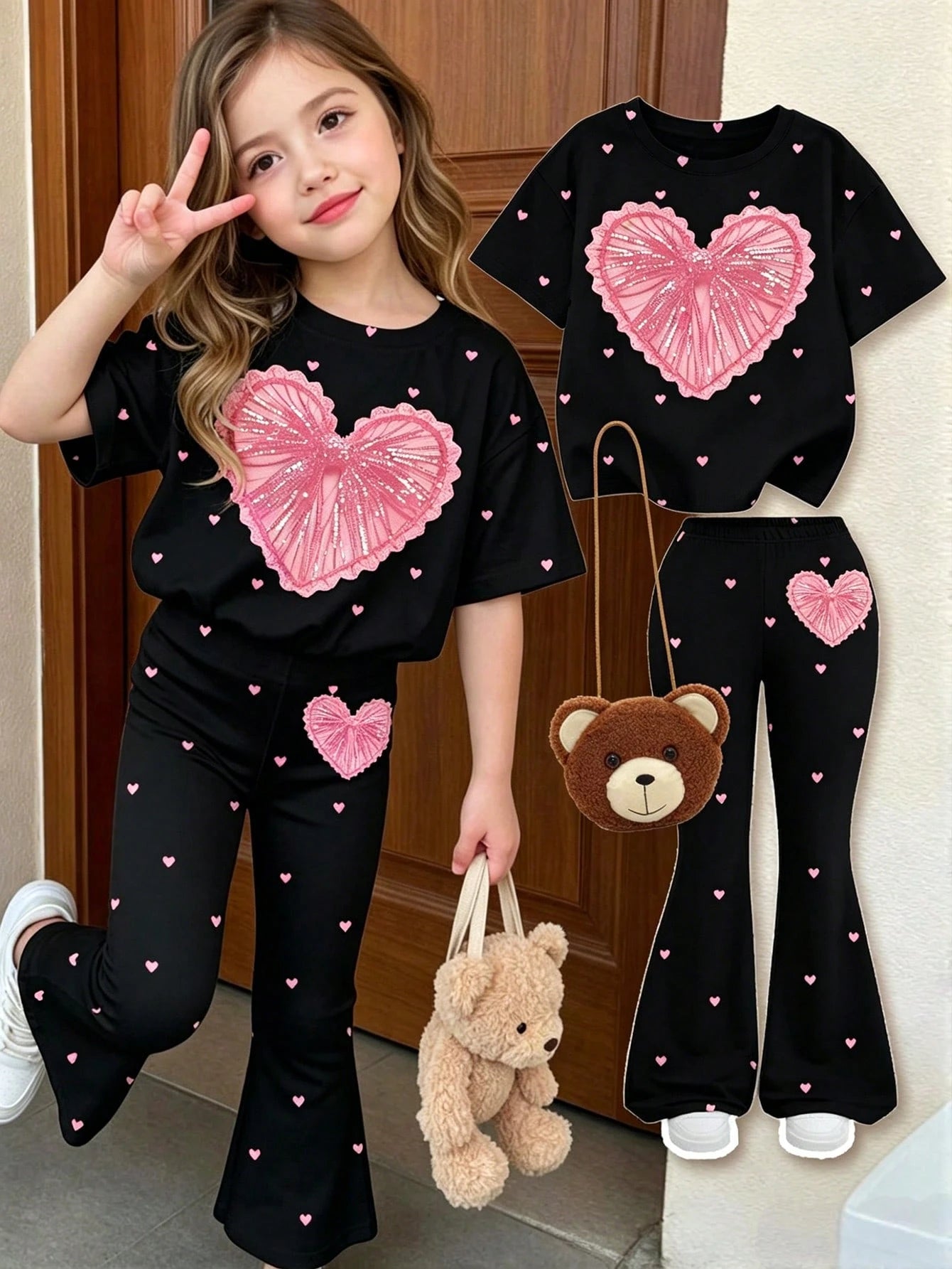 2pcs Little Girls Sequin Heart Tee & Flared Pants Set - Onyx | 21 C...