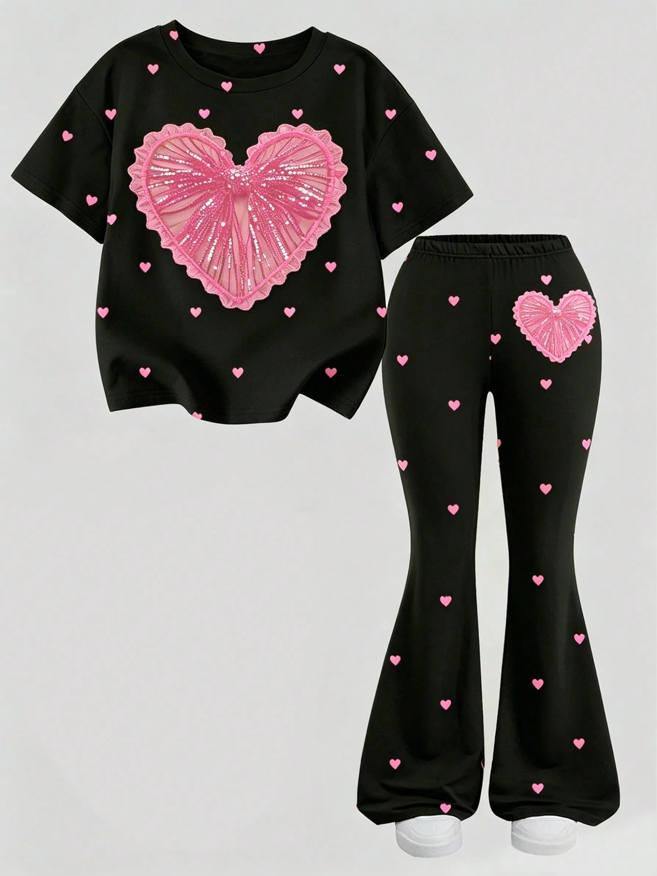 2pcs Little Girls Sequin Heart Tee & Flared Pants Set - Onyx | 21 C...