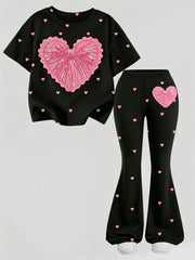 2pcs Little Girls Sequin Heart Tee & Flared Pants Set - Onyx | 21 C...