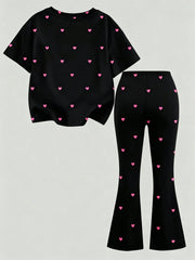 2pcs Little Girls Sequin Heart Tee & Flared Pants Set - Onyx | 21 C...