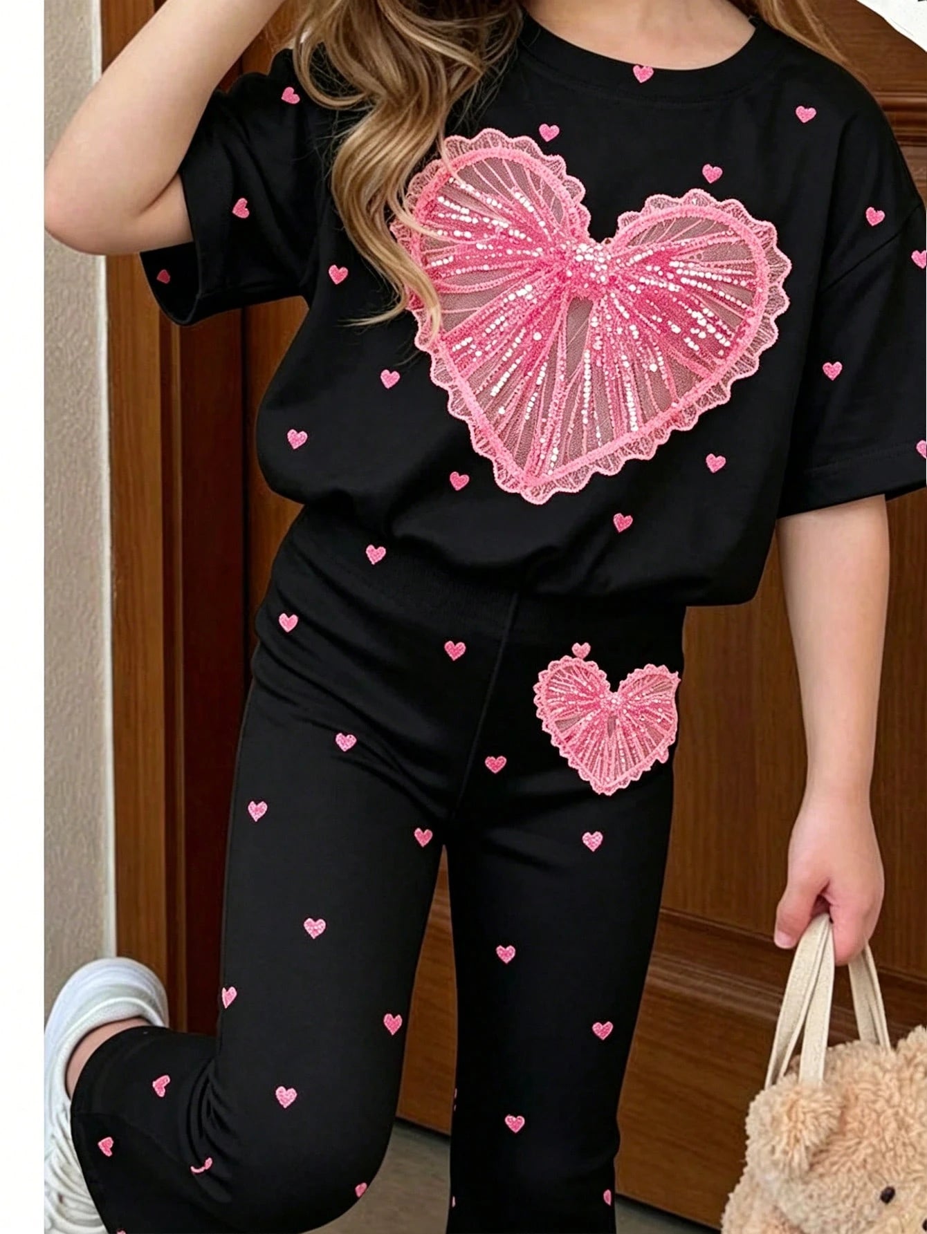 2pcs Little Girls Sequin Heart Tee & Flared Pants Set - Onyx | 21 C...