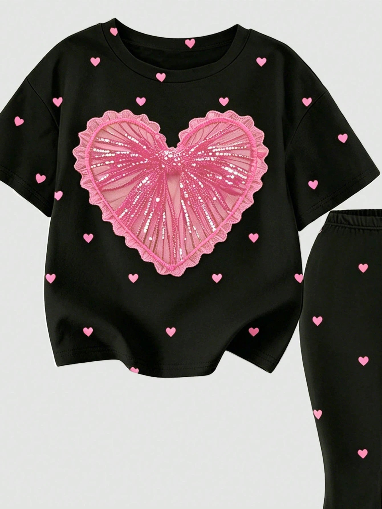 2pcs Little Girls Sequin Heart Tee & Flared Pants Set - Onyx | 21 C...