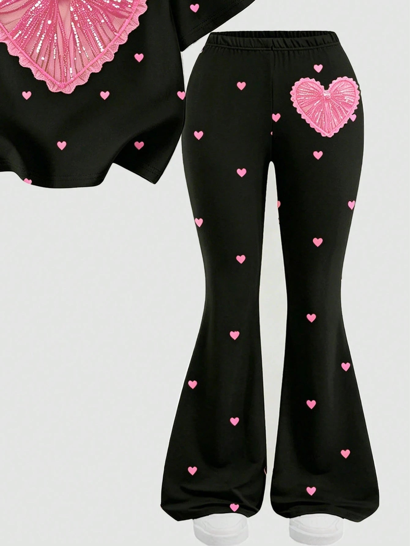 2pcs Little Girls Sequin Heart Tee & Flared Pants Set - Onyx | 21 C...