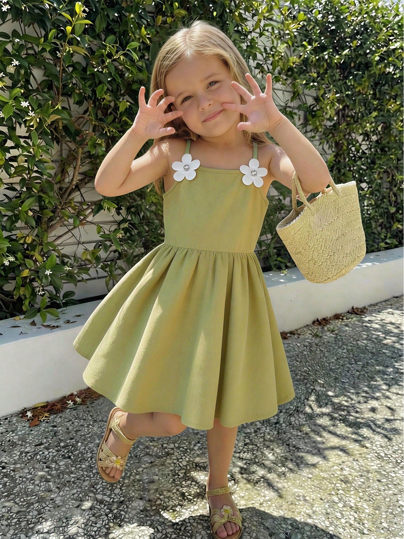 Girls Floral Appliqué Spaghetti Strap Fit & Flare Dress - Sage | 21...