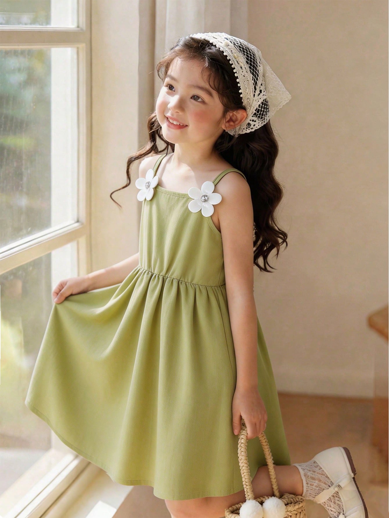 Girls Floral Appliqué Spaghetti Strap Fit & Flare Dress - Sage | 21...