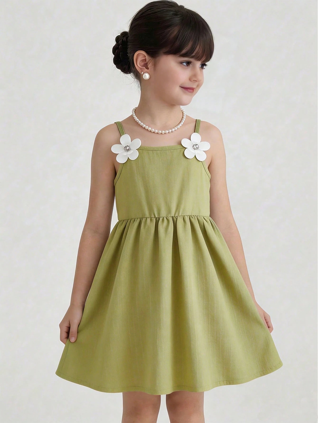 Girls Floral Appliqué Spaghetti Strap Fit & Flare Dress - Sage | 21...