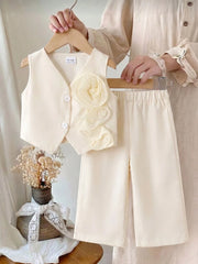 2pcs Girls 3D Rosette Vest & Wide-Leg Pants Set - Ecru | 21 Century...