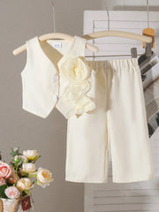 2pcs Girls 3D Rosette Vest & Wide-Leg Pants Set - Ecru | 21 Century...