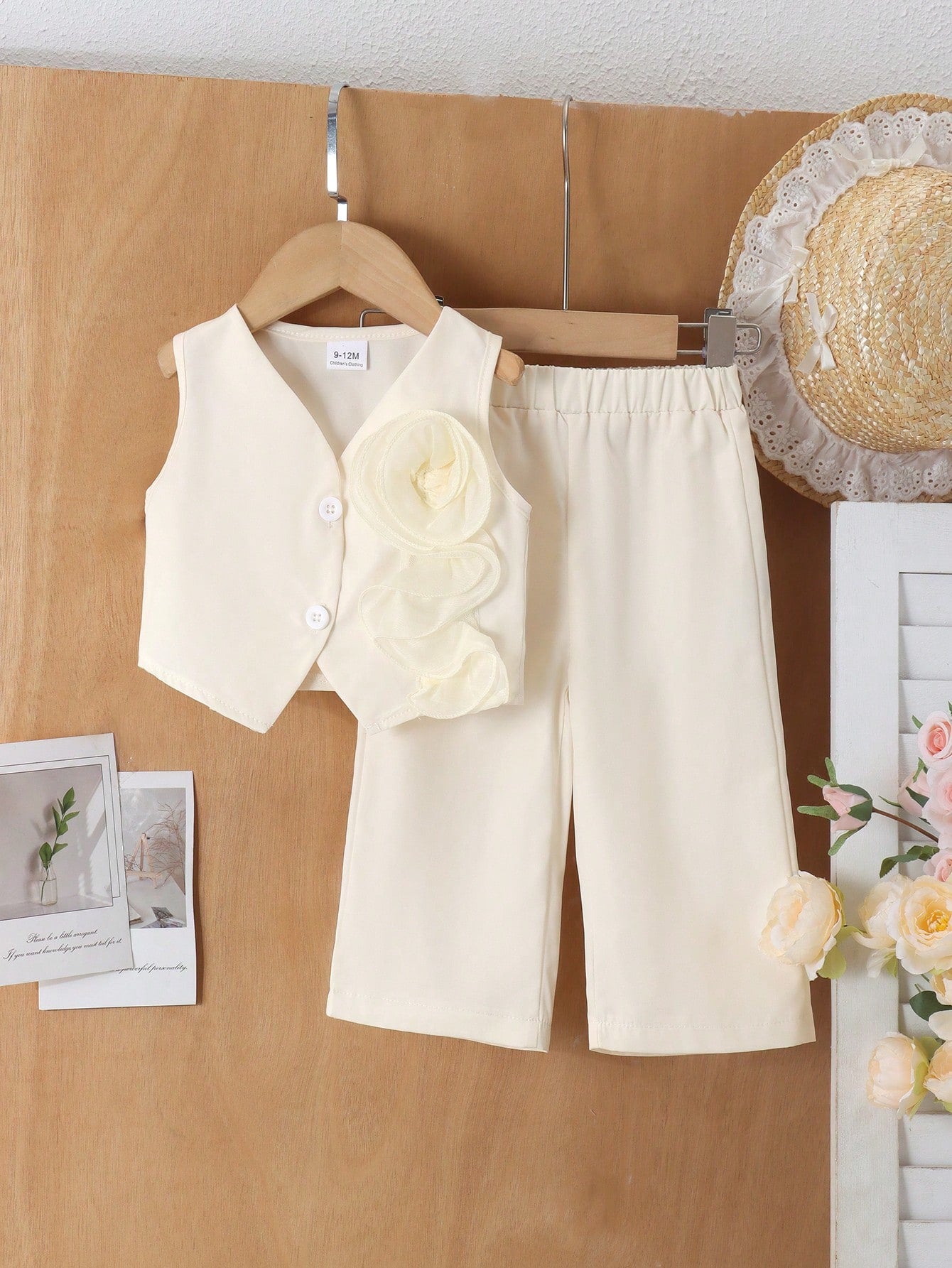 2pcs Girls 3D Rosette Vest & Wide-Leg Pants Set - Ecru | 21 Century...