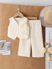 2pcs Girls 3D Rosette Vest & Wide-Leg Pants Set - Ecru | 21 Century...