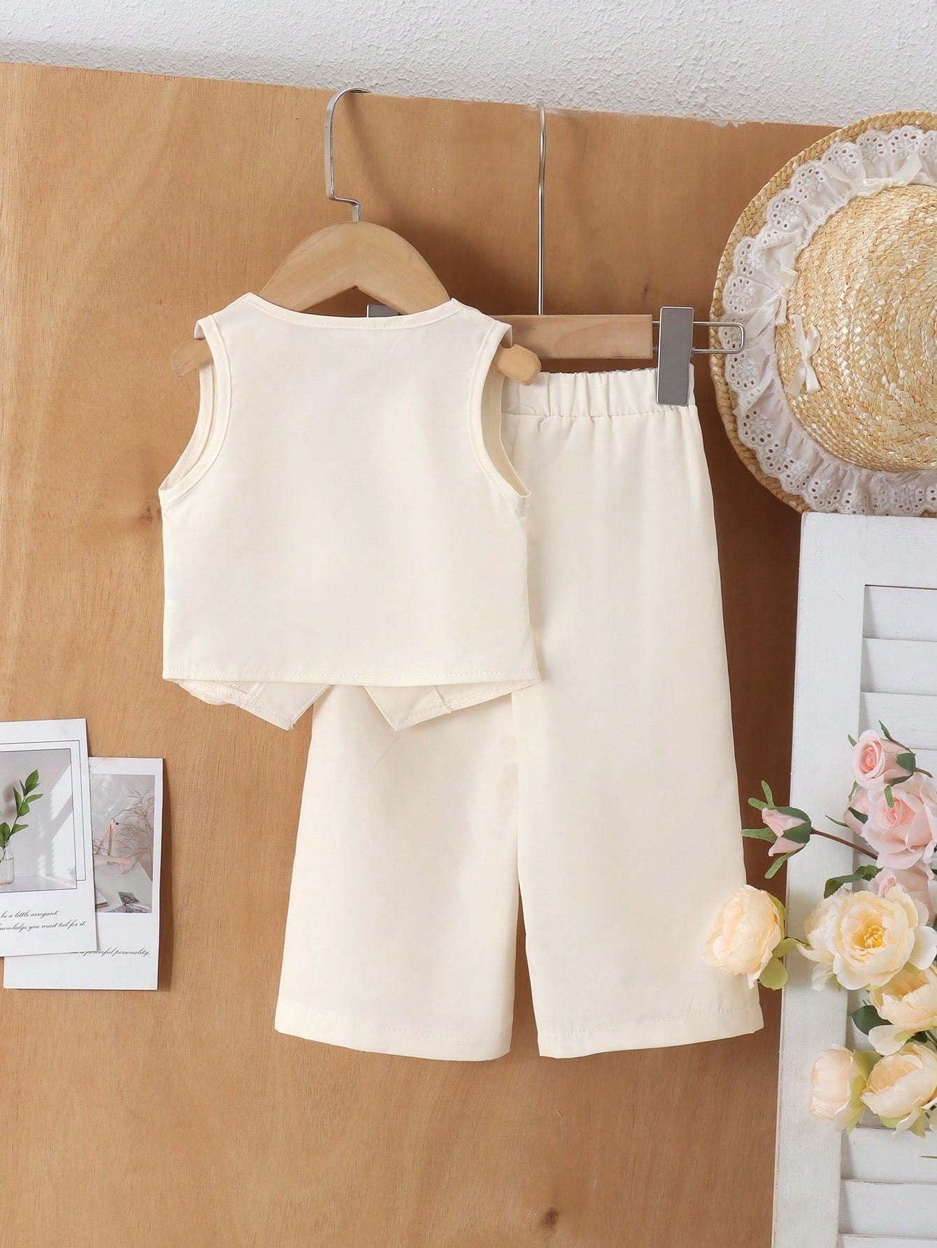 2pcs Girls 3D Rosette Vest & Wide-Leg Pants Set - Ecru | 21 Century...