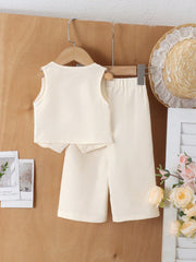 2pcs Girls 3D Rosette Vest & Wide-Leg Pants Set - Ecru | 21 Century...