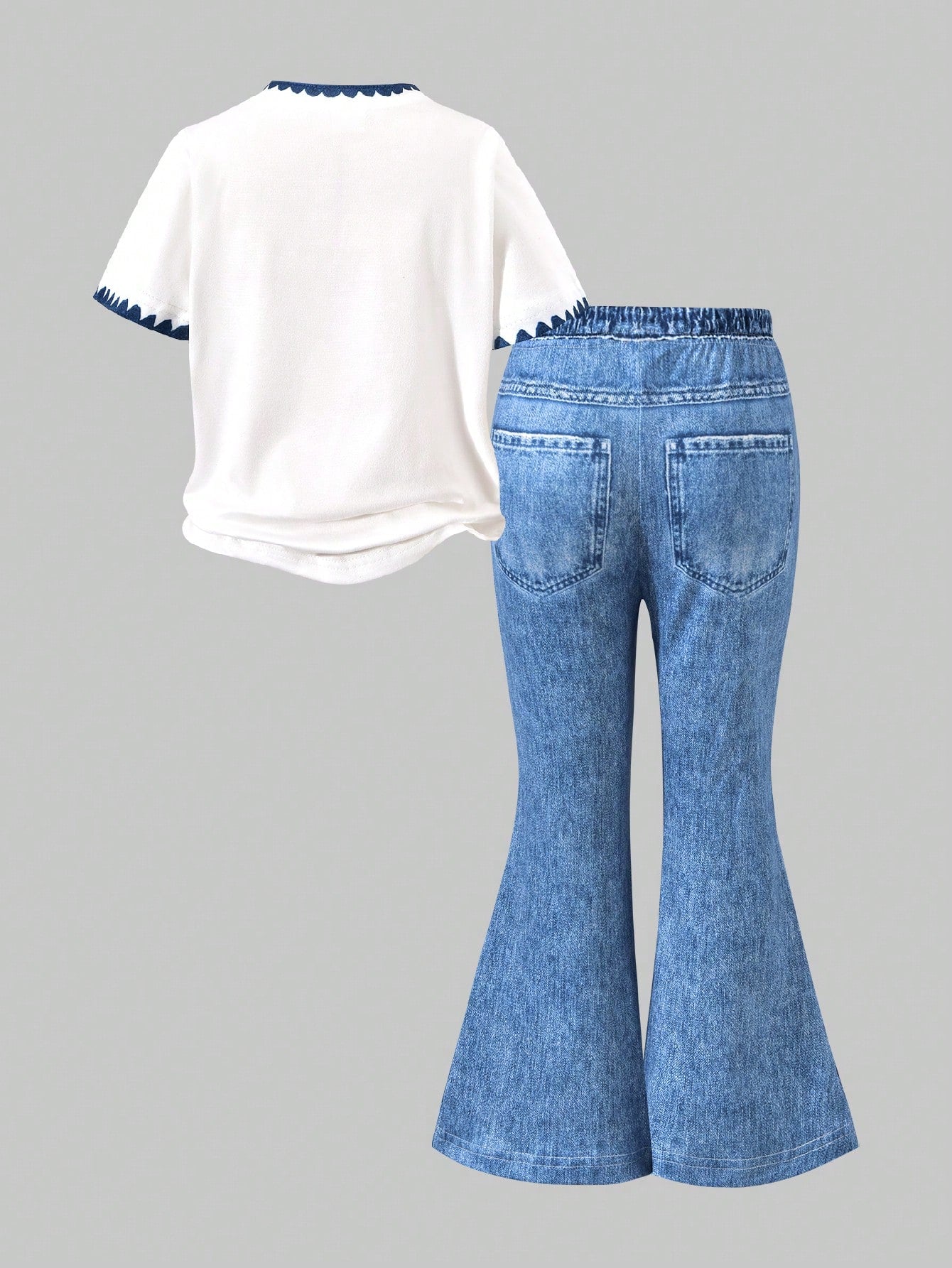 2pcs Little Girls Hibiscus Embroidered Tee & Flare Jeans Set - Ivor...