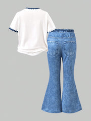 2pcs Little Girls Hibiscus Embroidered Tee & Flare Jeans Set - Ivor...