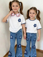 2pcs Little Girls Hibiscus Embroidered Tee & Flare Jeans Set - Ivor...