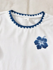 2pcs Little Girls Hibiscus Embroidered Tee & Flare Jeans Set - Ivor...
