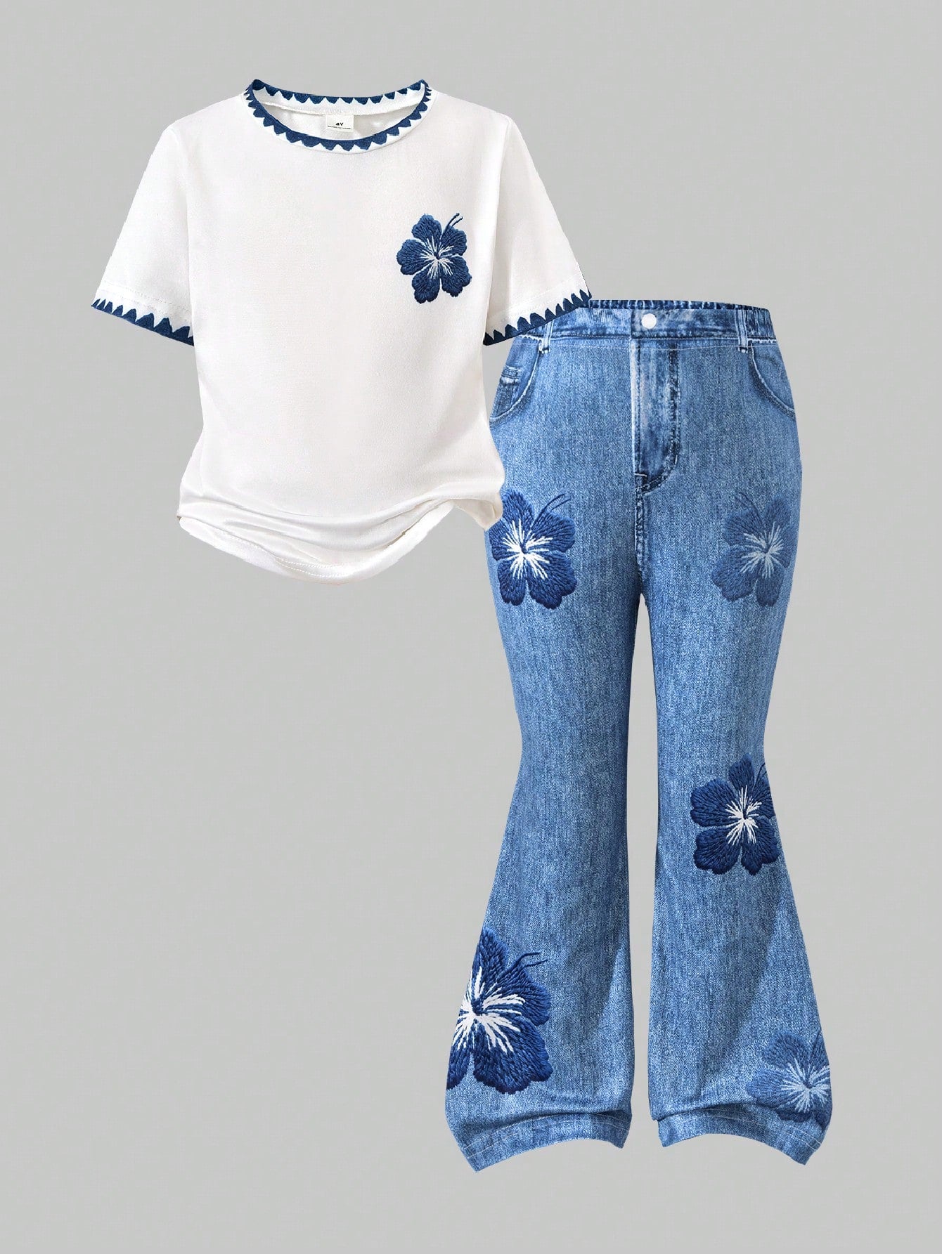 2pcs Little Girls Hibiscus Embroidered Tee & Flare Jeans Set - Ivor...