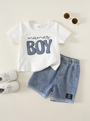2pcs Boys Mama's Boy Tee & Denim Shorts Set - Ivory | 21 Century Kids
