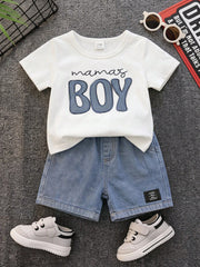 2pcs Boys Mama's Boy Tee & Denim Shorts Set - Ivory | 21 Century Kids