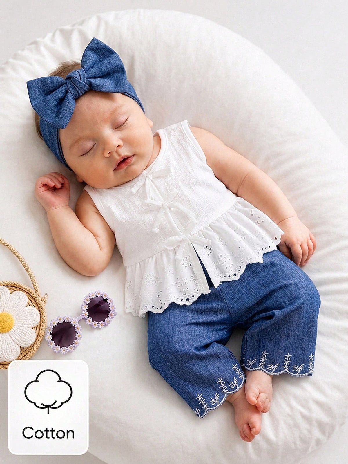2pcs Baby Girls Eyelet Peplum Top & Embroidered Pants Set - Ivory |...
