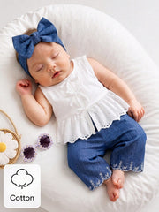 2pcs Baby Girls Eyelet Peplum Top & Embroidered Pants Set - Ivory |...
