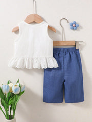 2pcs Baby Girls Eyelet Peplum Top & Embroidered Pants Set - Ivory |...