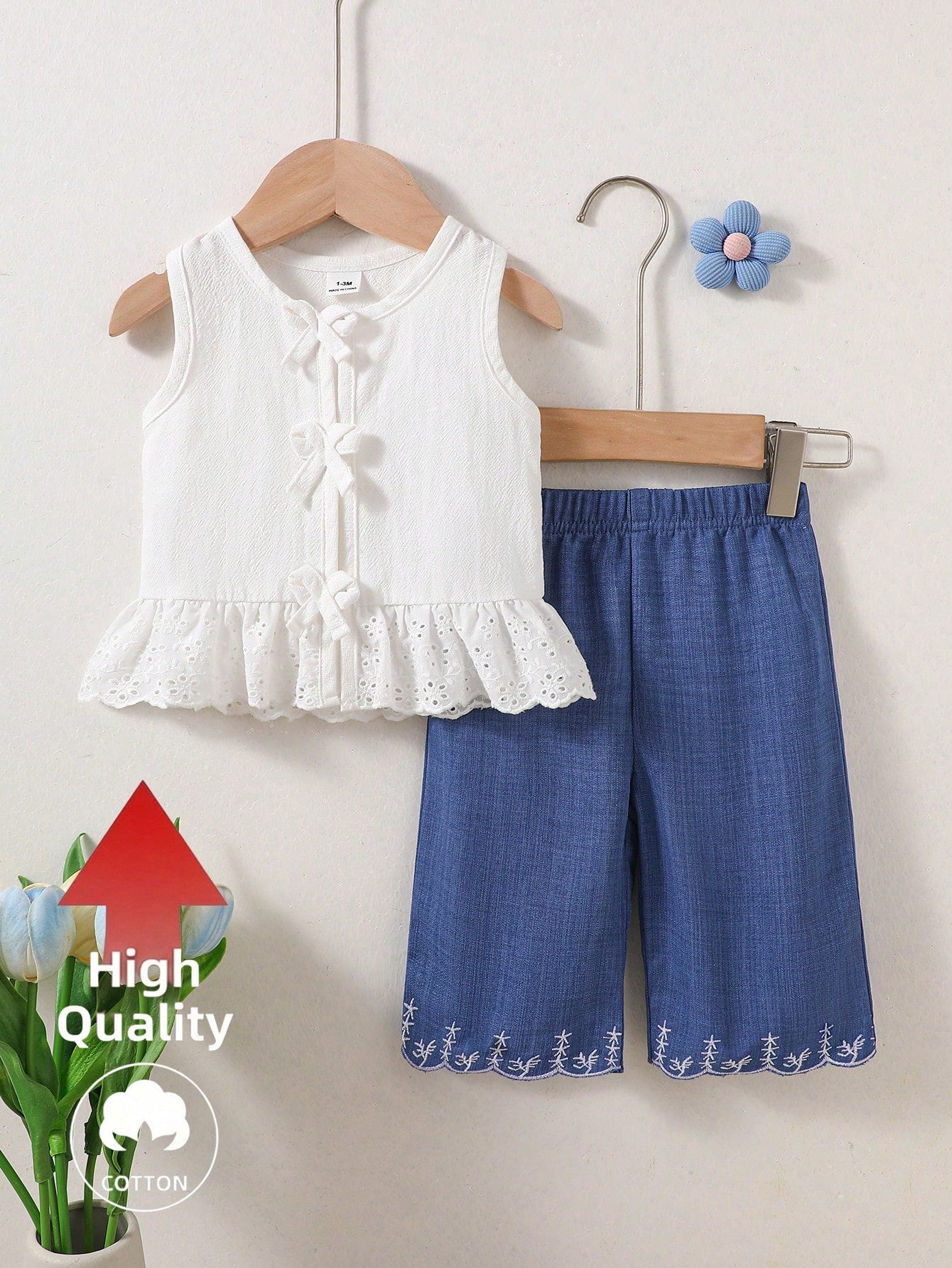2pcs Baby Girls Eyelet Peplum Top & Embroidered Pants Set - Ivory |...