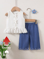2pcs Baby Girls Eyelet Peplum Top & Embroidered Pants Set - Ivory |...