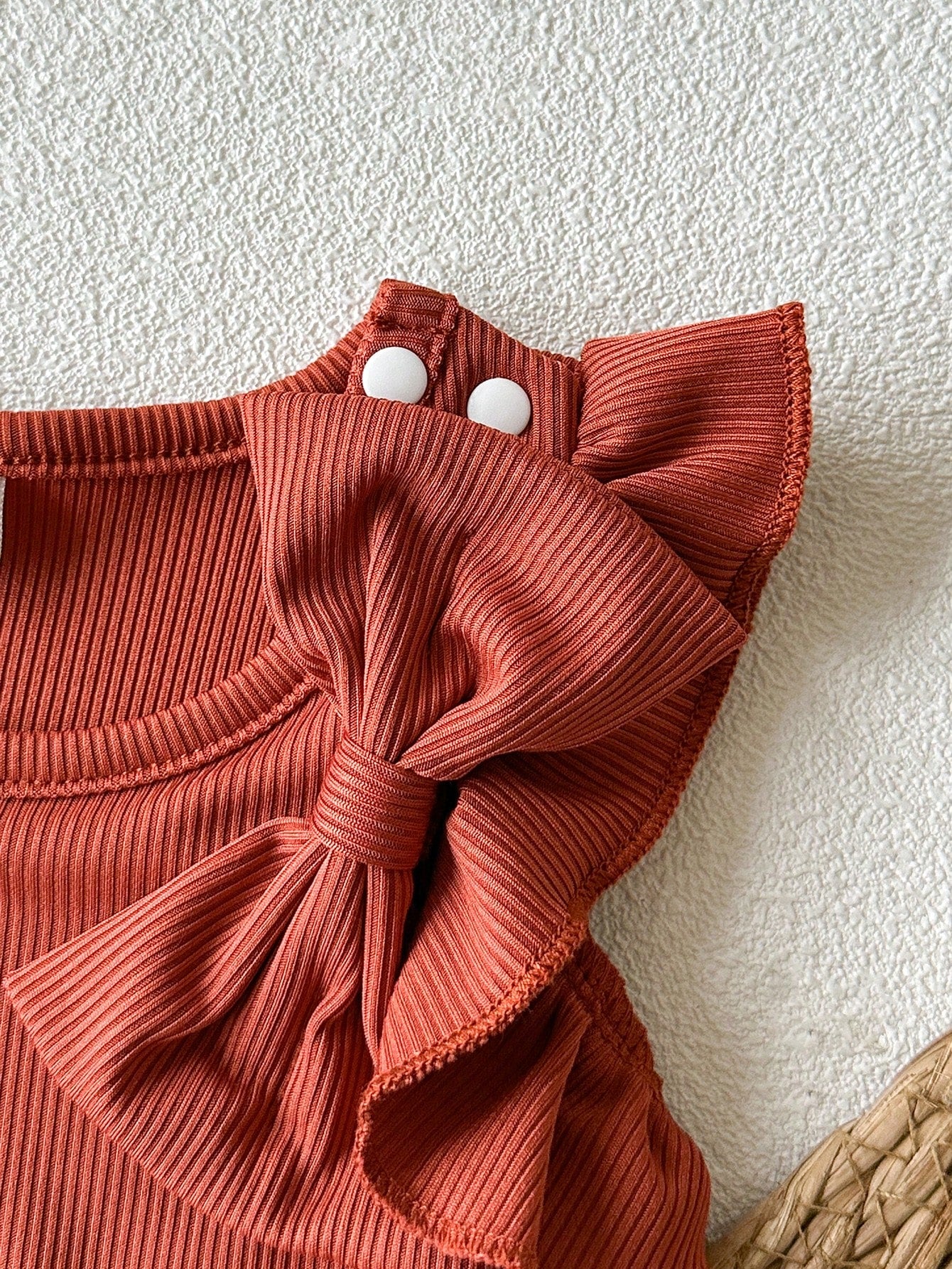 2pcs Girls Bow Ruffle Ribbed Top & Floral Shorts Set - Terracotta |...