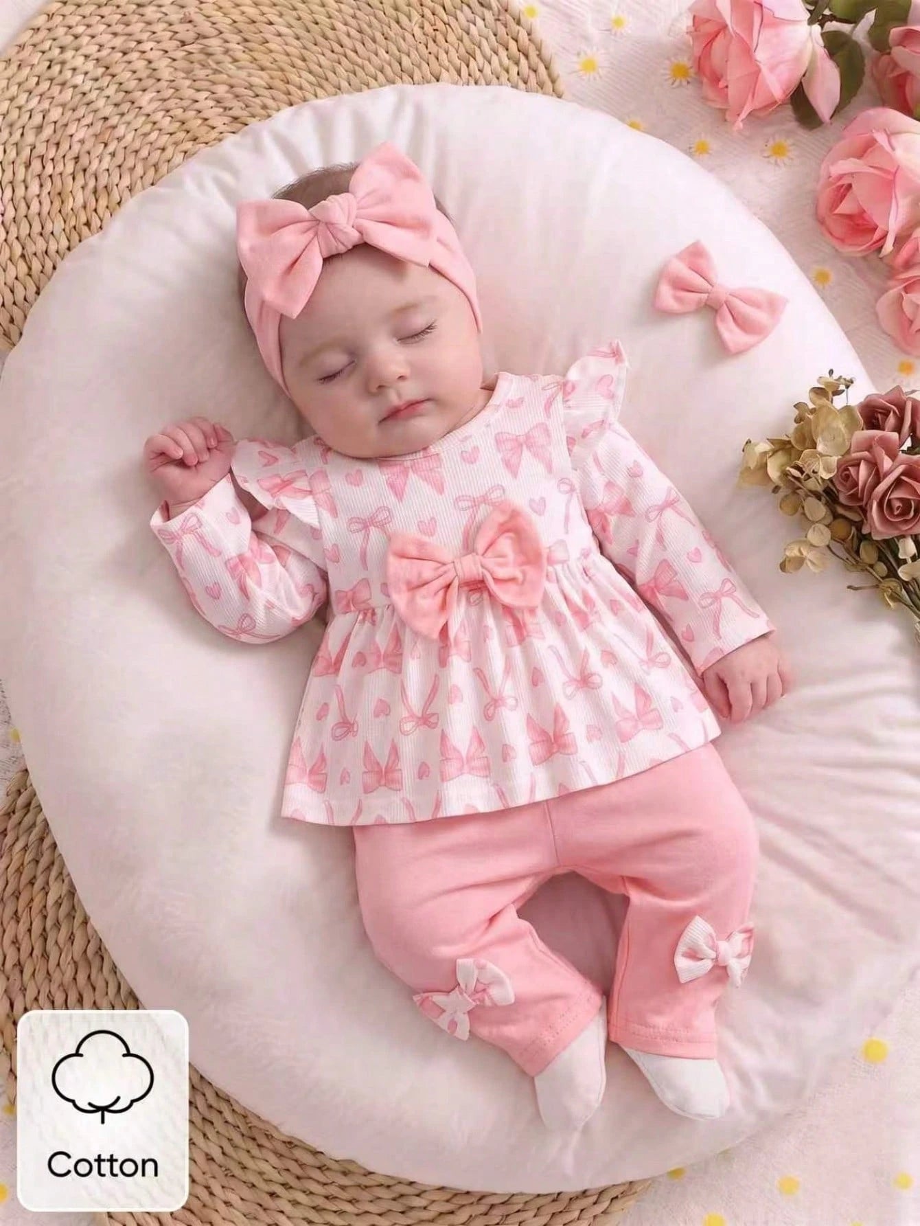 2pcs Baby Girls Bow Print Ruffle Top & Pants Set - Blush | 21 Centu...