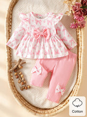 2pcs Baby Girls Bow Print Ruffle Top & Pants Set - Blush | 21 Centu...