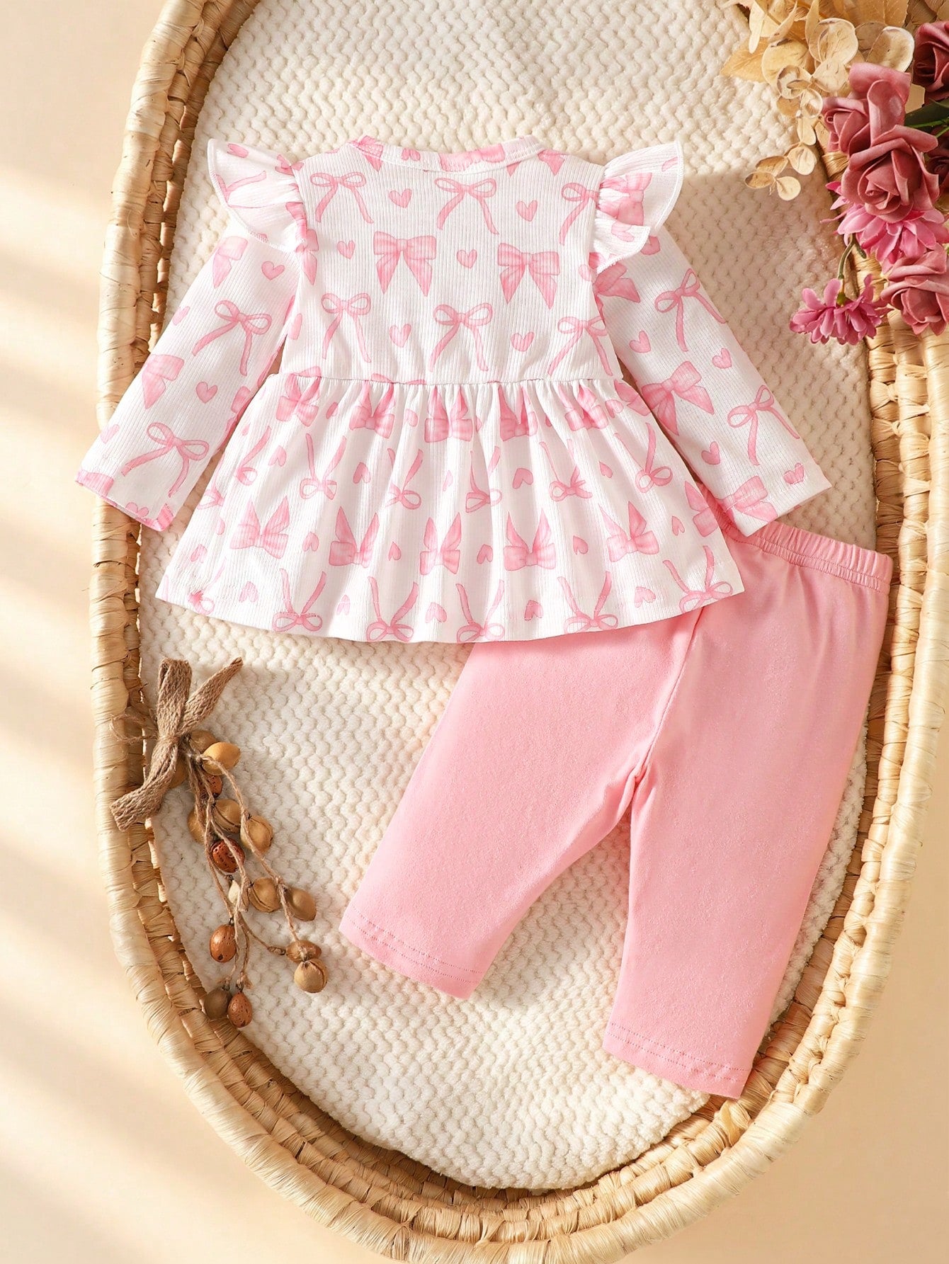 2pcs Baby Girls Bow Print Ruffle Top & Pants Set - Blush | 21 Centu...
