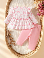 2pcs Baby Girls Bow Print Ruffle Top & Pants Set - Blush | 21 Centu...