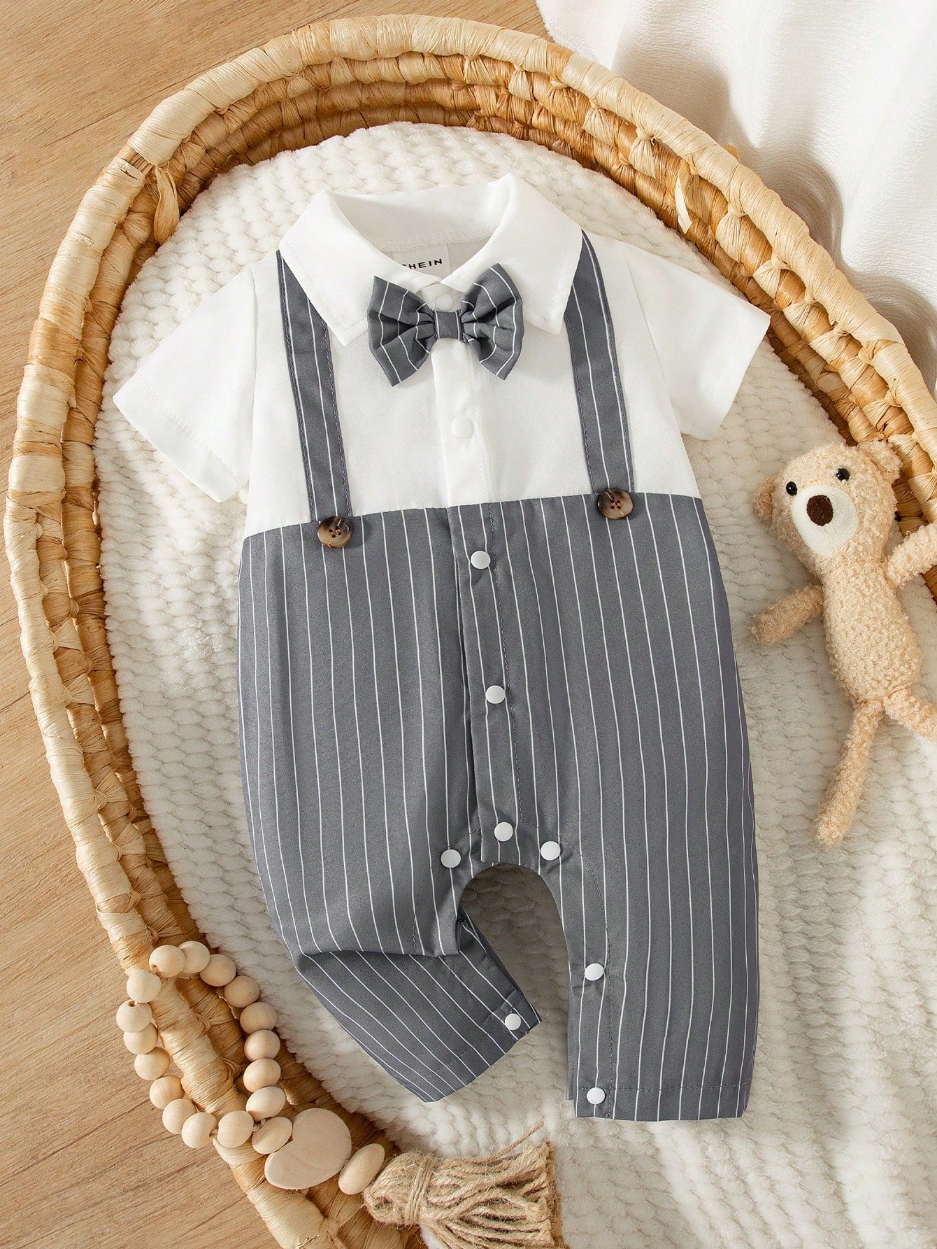 Baby Boys Pinstripe Bow Tie Gentleman Romper - Slate | 21 Century Kids