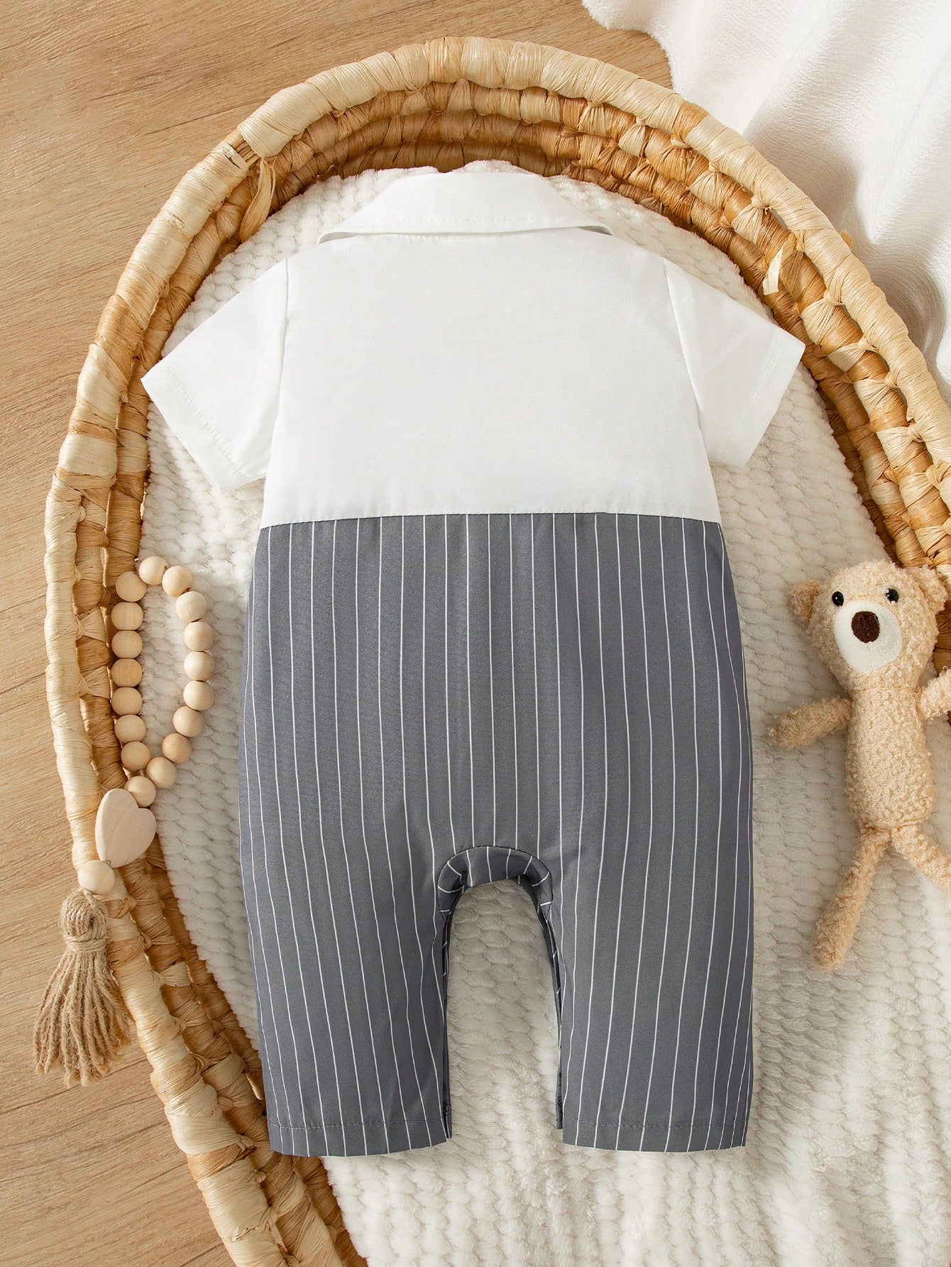 Baby Boys Pinstripe Bow Tie Gentleman Romper - Slate | 21 Century Kids